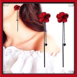 New Long red matte flower floral black pewter goth emo romantic earrings